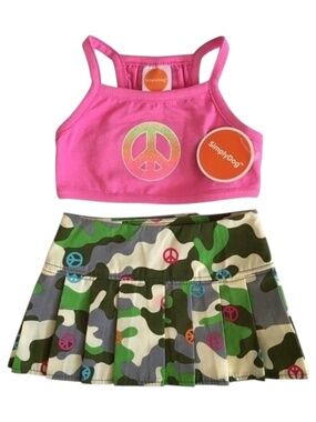 SimplyDog Pet Outfit 2-Piece Camo Skirt & Peace Sign Top Pink Green Size S